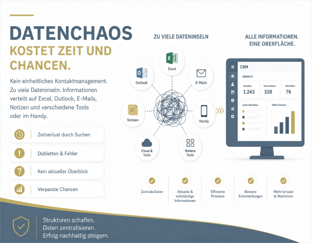 Datenchaos im CRM überwinden Infografik zum Thema Datenchaos im CRM: Verteilte Kundendaten aus Excel, Outlook, E-Mails, Notizen und Handy werden in einer zentralen CRM-Oberfläche gebündelt.