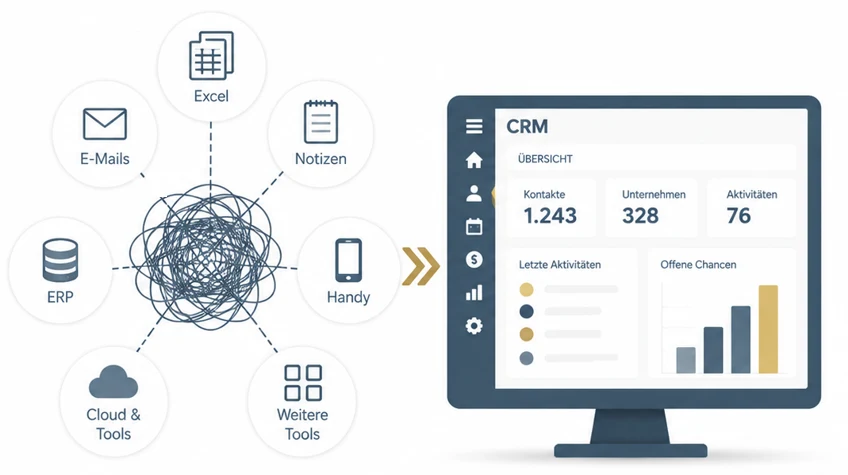 Grafik: verstreute Kundendaten werden mit einem CRM-System strukturiert